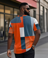 Big & Tall Men's Orange Stripe Geometric Print Henley Collar Button Short Sleeve Tee